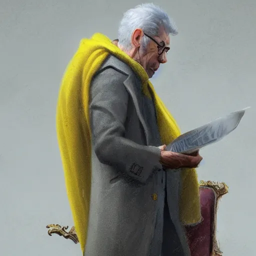 Image similar to luxury advertisement, a highly detailed epic cinematic concept art CG render digital painting artwork of an elderly professor in a grey coat with a long yellow scarf preaching for the revolution to start. By Greg Rutkowski, Ilya Kuvshinov, WLOP, Stanley Artgerm Lau, Ruan Jia and Fenghua Zhong, trending on ArtStation, made in Maya, Blender and Photoshop, octane render, excellent composition, cinematic dystopian soviet atmosphere, dynamic dramatic cinematic lighting, aesthetic, very inspirational, arthouse