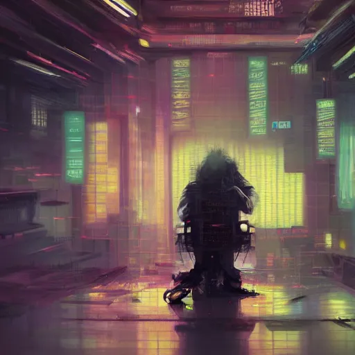 Prompt: highly detailed portrait of a cyberpunk hacker in a futuristic buddhist temple by wadim kashin, dark colors, high contrast