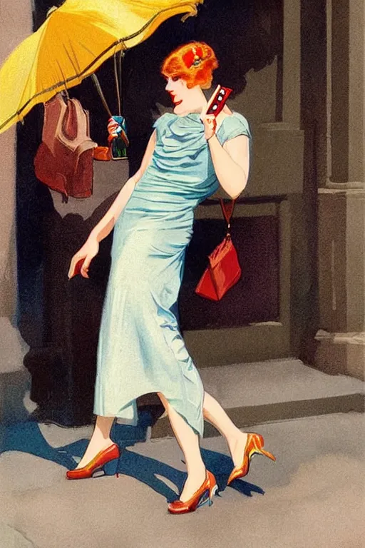 Prompt: high quality illustration of a pretty woman talking on her iphone while walking in the streets of New York in style of 1920s full color illustration by J.C. Leyendecker, colorful color palette