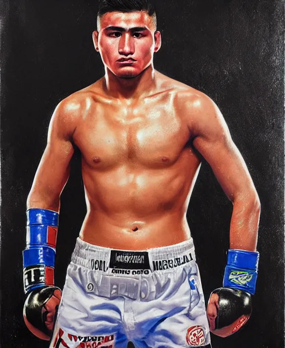 Image similar to heroic portrait of a handsome young mexican mma fighter, art by denys tsiperko and bogdan rezunenko, hyperrealism