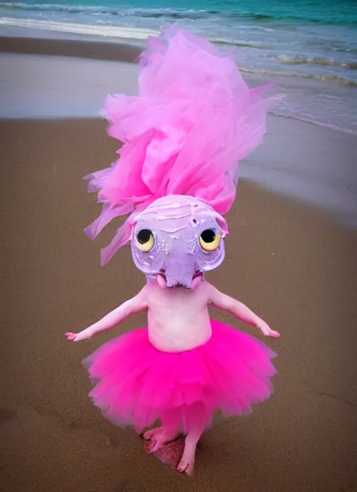 Image similar to chthulhu in a pink tutu on a beach