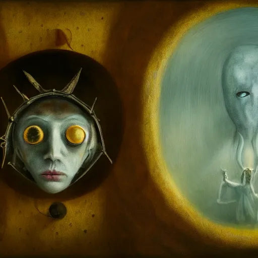 Prompt: eyeless watcher, dutiful return, golden age seraph bunkers, art by Leonora Carrington and Alexander Jansson, high detail, cinematic, cgsociety 8k