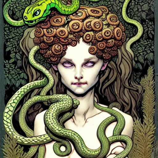 Image similar to A cute little medusa with snakes in your head collecting flowers in the forest. Absurdly-detailed fantasy character illustration by Rebecca Guay and Wayne Reynolds