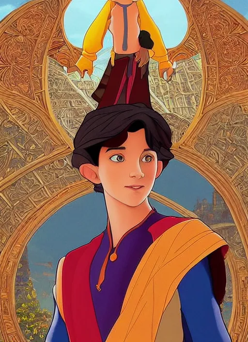 Prompt: skinny young tom holland as prince ali ababwa, iago perched nearby, natural lighting, path traced, highly detailed, high quality, beautiful digital painting, by don bluth and ross tran and studio ghibli and alphonse mucha, artgerm