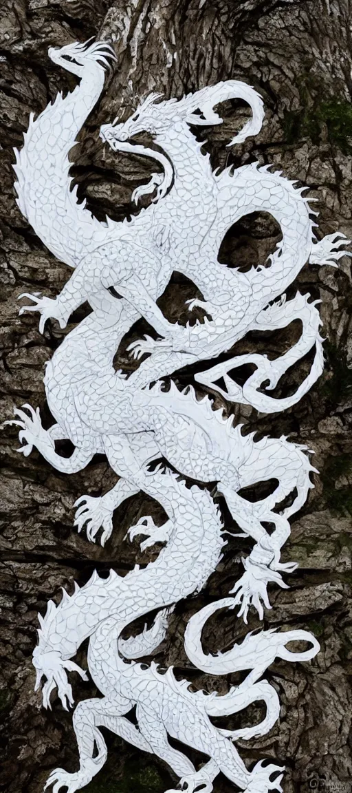 Prompt: a beautiful white dragon twisted around an ancient tree, intricate, maximalist, bright, clear,