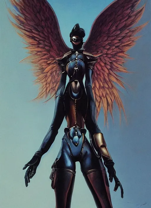 Image similar to full body artwork of tracer overwatch wearing leather collar in style of zdzisław beksinski, angel wings, dramatic painting, symmetrical composition, wearing detailed leather collar, black shiny armor, chains, black harness, detailed face and eyes,