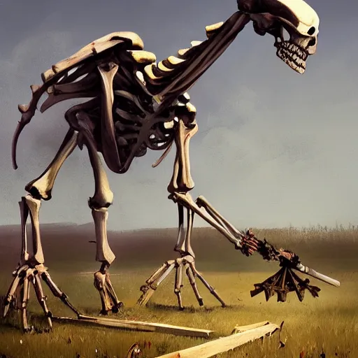 Image similar to a painting of a giant skeleton on a farm leaning against a barn with a spear through its rib cage, concept art by ismail inceoglu, trending on artstation, environmental art, apocalypse art, 2 d game art, concept art. detailed. masterpiece