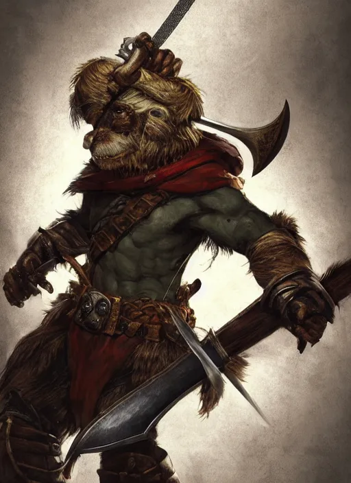 Image similar to photorealistic bugbear ranger holding sword on fire, magic, black beard, dungeons and dragons, pathfinder, roleplaying game art, hunters gear, jeweled ornate leather and steel armour, concept art, character design on white background, by sargent, norman rockwell, makoto shinkai, kim jung giu, artstation trending, poster art, colours red