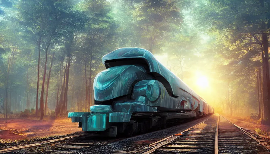 Image similar to futuristic cargo train driving through forest, matte painting, artstation, sunrise, blue sky, solarpunk