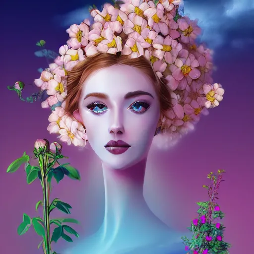 Image similar to a picture of a dreaming woman with flowers grow out of hair, roses peonies forget-me-nots dahlias lupins gladioli, sky theme in background, Digital Art, Trending on artstation