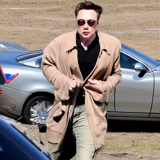 Image similar to paparazzi shot of elon musk being outside of an airplane in mid-air, horror face, highly detailed skin, highly detailed face