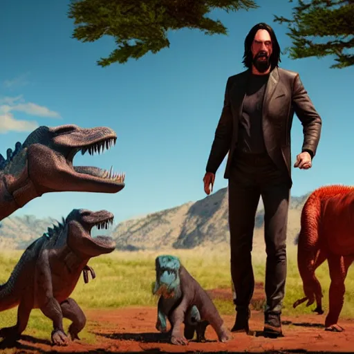 Image similar to a hyper real comic book style portait painting of keanu reeves in the stone age with dinosaurs, unreal 5, hyperrealistic, octane render, cosplay, rpg portrait, dynamic lighting