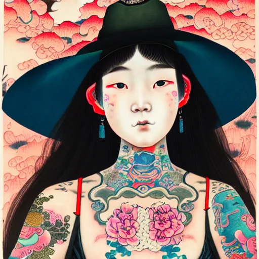 Image similar to full view of a girl from the qing dynasty with tattoos, wearing an american cowboy hat from the old west, in the year 2 0 4 0, style of yoshii chie and hikari shimoda and martine johanna, highly detailed