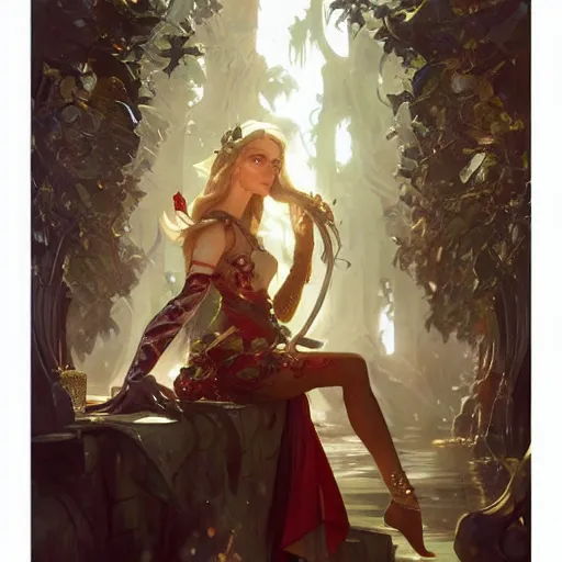 Image similar to elf drinking wine. d & d. fantasy. intricate. elegant. highly detailed. digital painting. artstation. concept art. matte. sharp. focus. illustration. hearthstone. art by artgerm. art by greg rutkowski. art by alphonse mucha