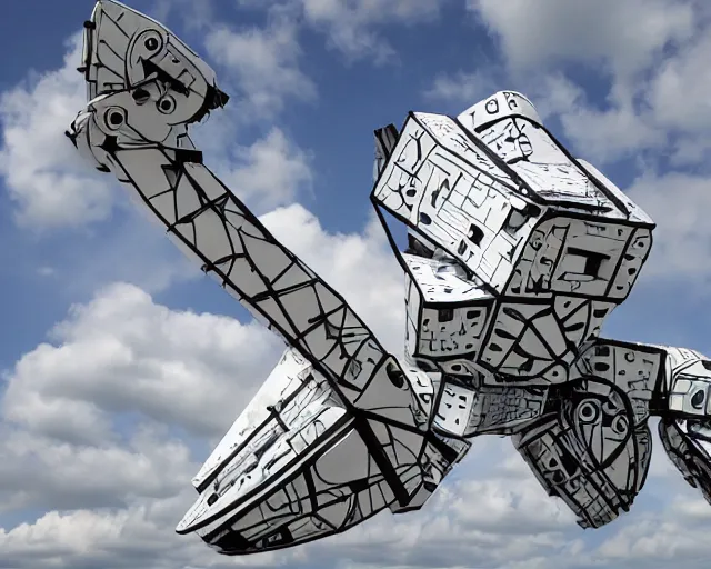 Image similar to photo of minimalist abstract cubist sculpture of curvy spaceship with random small mecha mayan decorations, covered with few large white airplane parts, gigantic size