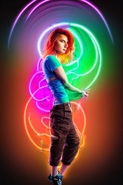 Image similar to a award winning half body portrait of a beautiful woman with stunning eyes in a croptop and cargo pants with rainbow colored ombre hairstyle head in motion and hair flying by thomas danthony, outlined by whirling illuminated neon lines, microphone, outrun, vaporware, shaded flat illustration, digital art, trending on artstation, highly detailed, fine detail, intricate