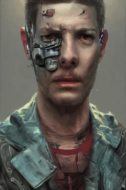 Image similar to illustration of an male cyberpunk character wearing bionic implants, criminal mugshot, mugshot, mugshot, gritty, gritty, highly detailed, oil on canvas, soft lighting, muted, pastel colors, by WLOP and Greg Staples, HD, 4K