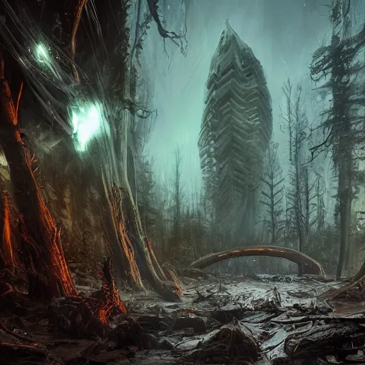 Image similar to future city covered by forest creature, doom of the gods, monster, gravity mess, star trek, glory war, photograph, cinematic matte painting, photo realism, by vicotr hugo harmatiuk, joon ahn, yang qi, romain jouandeau, quy ho, karol bak, beeple, 4 k, unreal engine, vray render, artstation