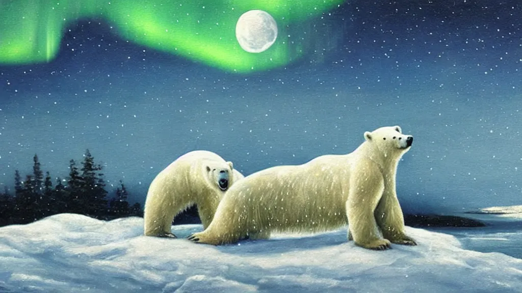 Image similar to an oil painting of a close - up polar bear traversing a snowy landscape at night, the northern lights and the moon are visible