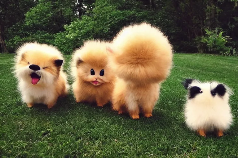 Image similar to real life pokemons, cute!!!, content!!!, mischievous!!!, adorable!!!, little furballs, fluffy!!!, ultra realistic!!!, golden hour, sharp focus