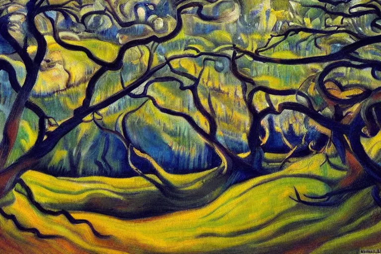 Image similar to masterpiece painting of oak trees on a hillside overlooking a creek, dramatic lighting, by emily carr