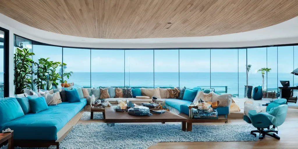 Prompt: a modern hi tech living room in a ocean hues style next to a big terrace overlooking the ocean, a luxurious wooden coffee table with large seashells on top in the center, inspired by the ocean, calm, relaxed style, harmony, wide angle shot, 8 k resolution, ultra detailed