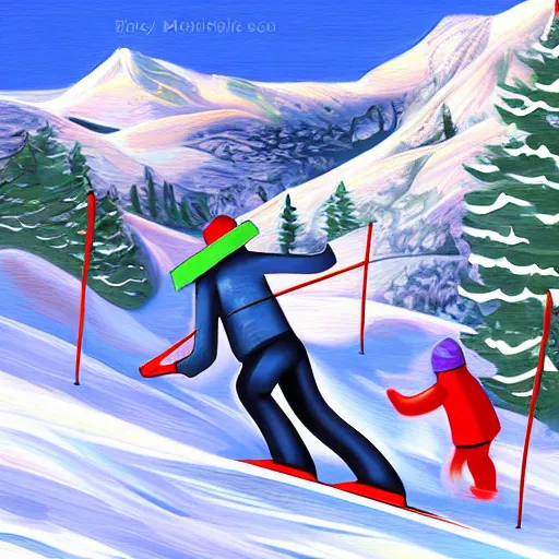 Prompt: Washing machine with legs and arms skiing down snowy mountain, digital painting, detailed, art, cartoon art,