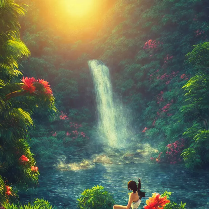 Prompt: an epic makoto shinkai and renoir landscape with a hawaiian waterfall, golden hour, 🌺, ultra smooth, lois van baarle, ilya kuvshinov, unreal engine, blender, trending on artstation, suntur, caleb worcester, highly detailed, photorealism, bloom effect 8 k