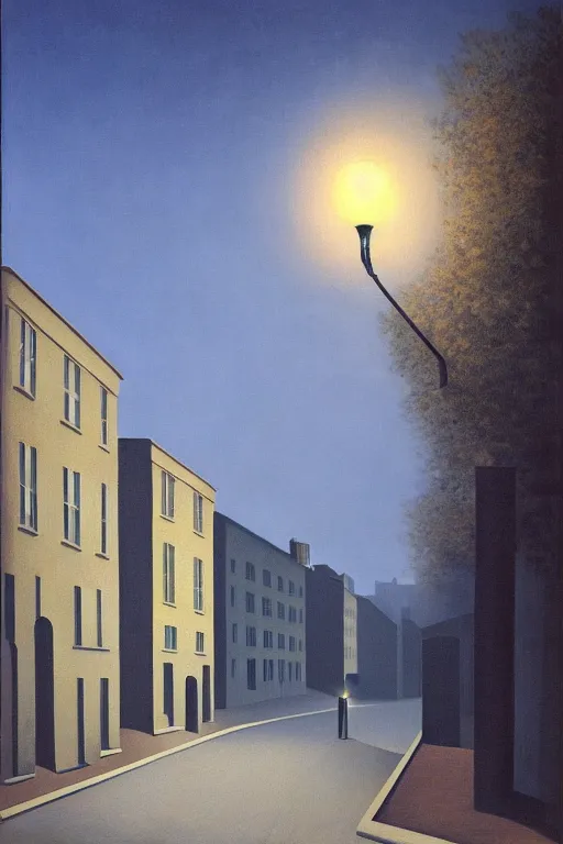 Image similar to a ghost under a streetlight at night by rene magritte, detailed painting, hd, hq, high resolution, high detail, 4 k, 8 k