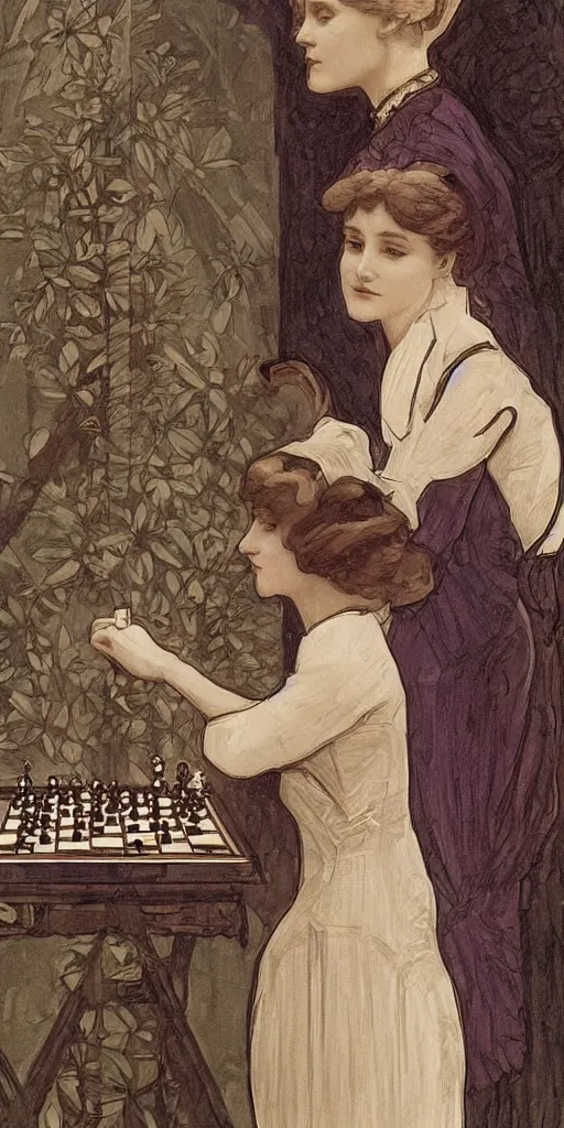 Image similar to a young edwardian woman playing chess, in the style of mucha