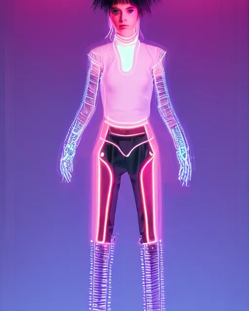 Image similar to full body shot of young punk woman dressed in futuristic cyberpunk clothing, colorful, night, soft neon light, bjork aesthetic, translucent, by rineke dijkstra and artgerm, intricate details, highly detailed, masterpiece, 8 5 mm