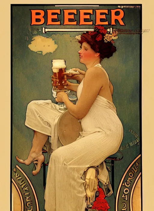 Prompt: beer advertisement by mucha, norman rockwell extremely coherent, sharp focus, elegant, render, octane, detailed, award winning photography, masterpiece, rim lit