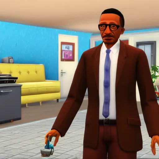 Prompt: gustavo fring selling meth in the sims 4, game screenshot, 4k