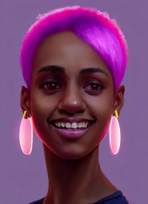 Image similar to portrait of vanessa morgan, black teenage girl, pink hair, pixie haircut, purple cap, hoop earrings, subtle confident smile, intricate, elegant, glowing lights, highly detailed, digital painting, artstation, concept art, sharp focus, illustration, art by wlop, mars ravelo and greg rutkowski