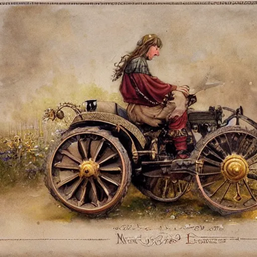 Image similar to ( ( ( ( ( the medieval king riding royal farm tractor, fully ornated with intricate gold and jewels. muted colors. ) ) ) ) ) high resolution, high quality, by jean - baptiste monge