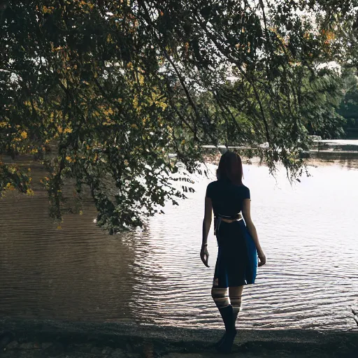 Prompt: Young woman by the river, XF IQ4, f/1.4, ISO 200, 1/160s, 8K, RAW, unedited, sharp focus, symmetrical balance, in-frame