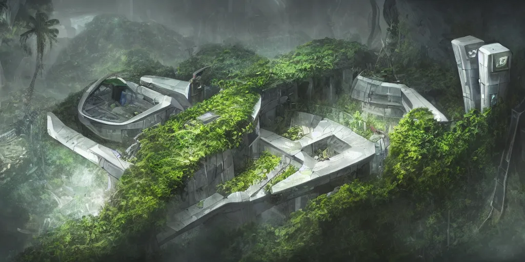 Prompt: small futuristic maximum security prison on a hill in jungle. It is surrounded by poor slums below, tropical climate, award winning, video game concept art, scifi, rural dystopian, UE5