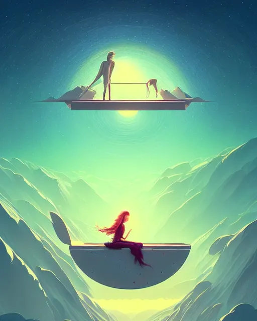 Image similar to beautiful painting of elven on a flying bed, art by mike winkelmann and by petros afshar, sky night, illustration, highly detailed, simple, smooth and clean vector curves, no jagged lines, vector art, smooth, artstation, blue color scheme