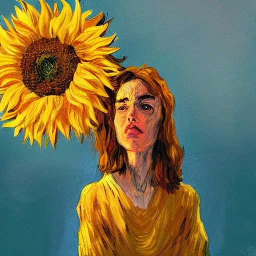 Image similar to giant sunflower head, woman in an apartment, surreal, dramatic light, impressionist painting, digital painting, artstation, van gogh