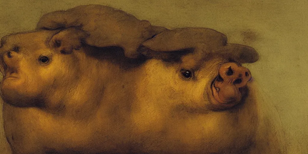 Prompt: a happy fat flying pig, portrait, by rembrandt