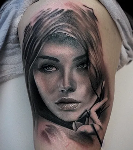 Prompt: tattoo design sketch of a beautiful woman face with a faded background of beautiful mountains on her side, hyper - realistic, double exposure effect, in the style of den yakovlev, amazing detail, black and white, faded