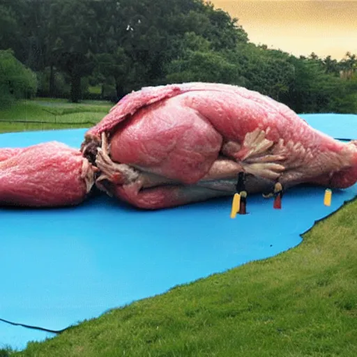 Image similar to the world\'s largest raw chicken going down a slip \'n\' slide