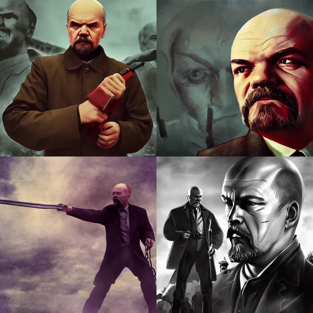 Prompt: Vladimir Lenin fights with vampires, digital art, cinematic photograph, trending on artstation
