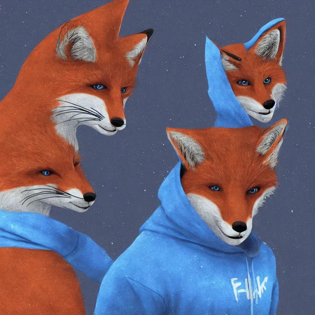 Prompt: an anthropomorphic fox in a blue hoodie typing on a keyboard, dark tones, concept art, digital art, highly detailed