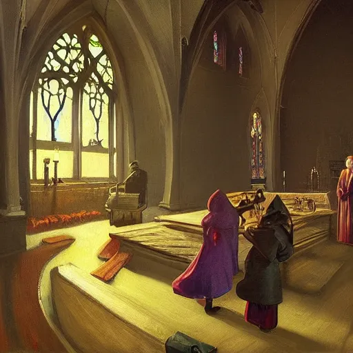 Prompt: a story about a witch begging for her life in a church, victorian painting, by simon stalenhag