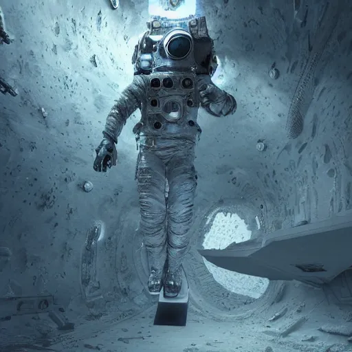 Image similar to concept art by craig mullins astronaut in futuristic dark and empty spaceship underwater. infrared complex and hyperdetailed technical suit. mandelbulb fractal. reflection and dispersion materials. rays and dispersion of light. volumetric light. 5 0 mm, f / 3 2. noise film photo. flash photography. unreal engine 4, octane render. interstellar movie art