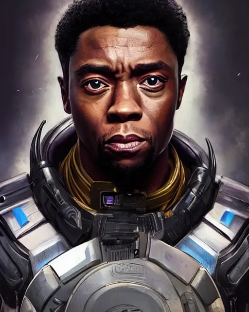 Prompt: Chadwick Boseman as an Apex Legends character digital illustration portrait design by, Mark Brooks and Brad Kunkle detailed, gorgeous lighting, wide angle action dynamic portrait