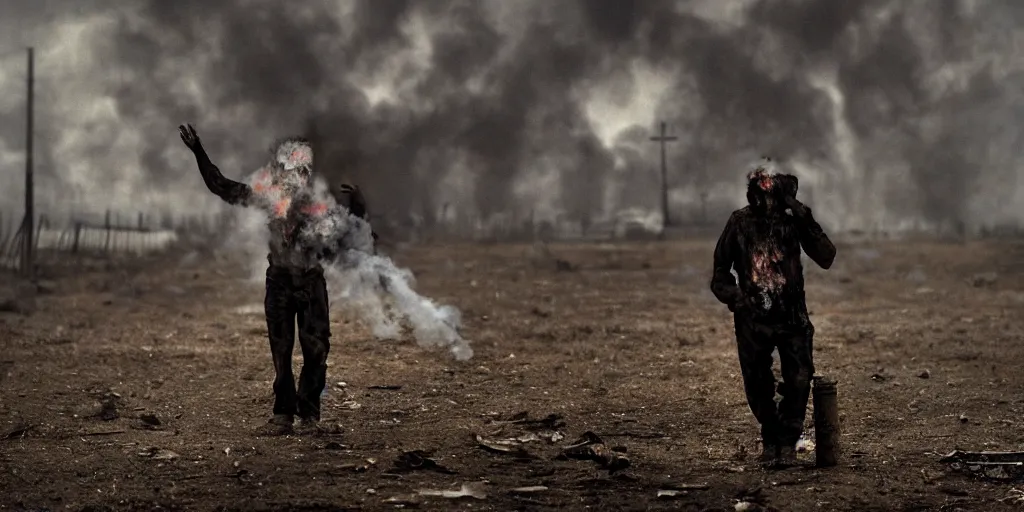 Prompt: a photo of a psychotic inmate draped in smoke in a FEMA emergency camp, extreme terror, frightening, fear, dread, discontent, in the style of Antony gormly and Simon stalenhag, Steve mccurry, photorealistic, 4k, 8k, 16k, highly detailed, very intricate, facing camera, one person only,evil rule of thirds, insanely detailed and intricate, hypermaximalist, elegant, ornate, hyper realistic, super detailed