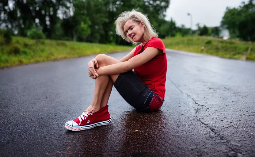 Image similar to side view of the legs of a woman sitting on a curb, very short pants, wearing red converse shoes, wet aslphalt road after rain, blurry background, sigma 8 5 mm