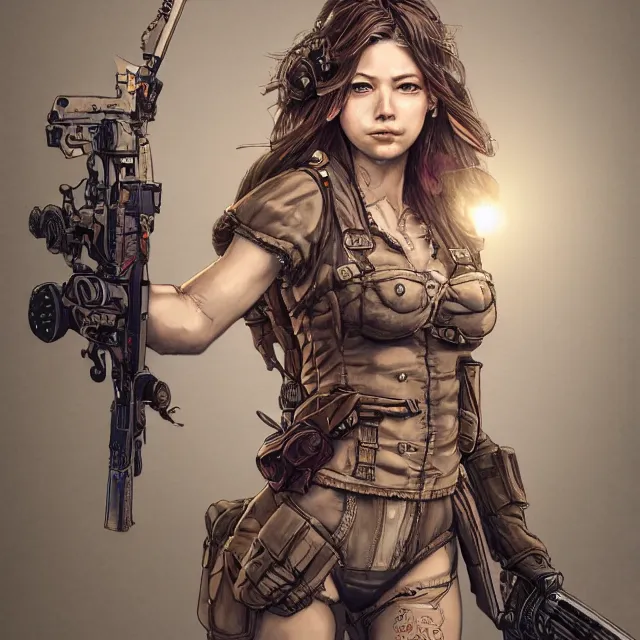 Image similar to the portrait of lawful neutral semi - colorful female infantry gunner as absurdly beautiful, gorgeous, elegant, young swimsuit model, an ultrafine hyperdetailed illustration by kim jung gi, irakli nadar, intricate linework, bright colors, octopath traveler, final fantasy, unreal engine 5 highly rendered, global illumination, radiant light, detailed and intricate environment